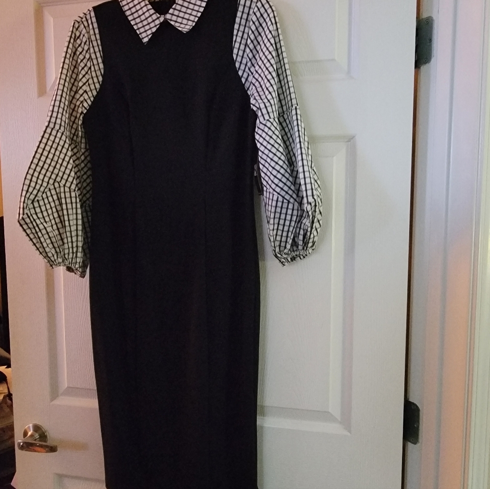 New York & Company Black Dress with Checkered Sleeves
